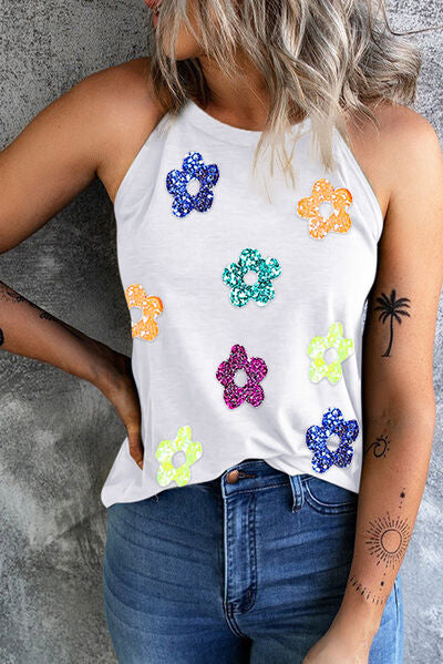 Explore More Collection - Sequin Flower Grecian Neck Tank