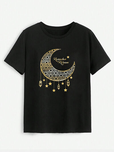 Explore More Collection - Moon Graphic Round Neck Short Sleeve T-Shirt