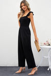 Explore More Collection - Smocked Square Neck Wide Leg Jumpsuit with Pockets