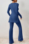 Explore More Collection - Ribbed Long Sleeve Slit Top and Bootcut Pants Set