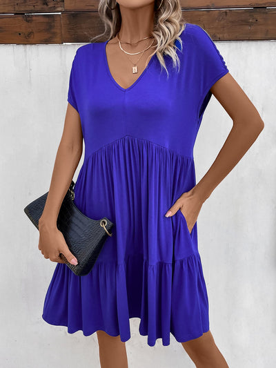 Explore More Collection - V-Neck Short Sleeve Dress with Pockets