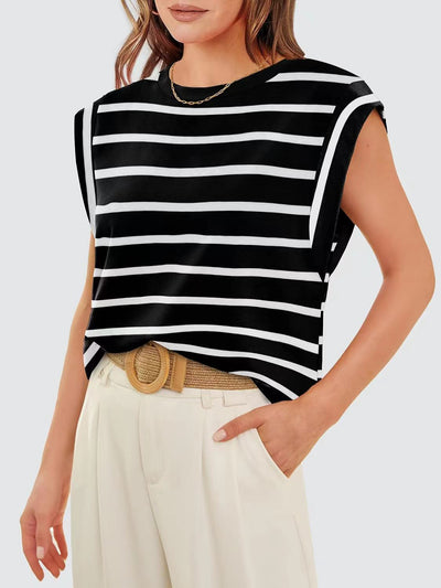 Explore More Collection - Striped Round Neck Cap Sleeve T-Shirt