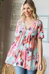 Explore More Collection - Heimish Full Size Floral V-Neck Short Sleeve Babydoll Blouse