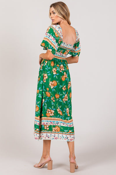 Explore More Collection - SAGE + FIG Printed Smocked Short Sleeve Midi Dress