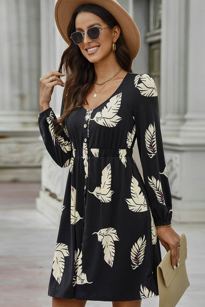 Explore More Collection - Printed Buttoned Long Sleeve Slit Dress