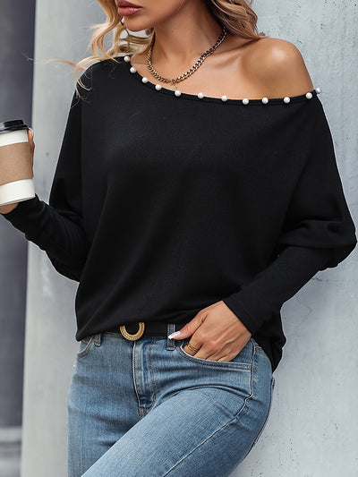 Explore More Collection - Pearl Trim Lantern Sleeve Top