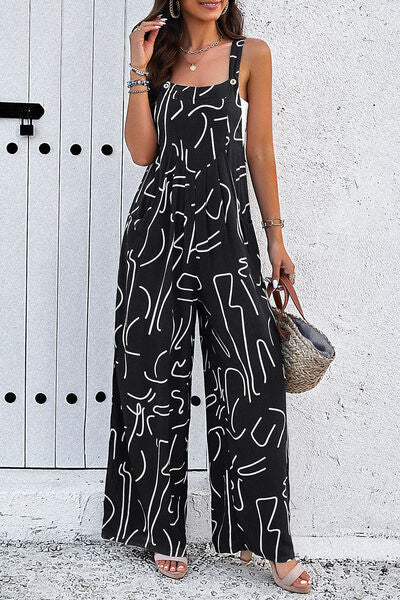 Explore More Collection - Printed Wide Strap Jumpsuit with Pockets