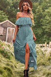 Explore More Collection - Polka Dot Strapless Slit Ruffled Maxi Dress