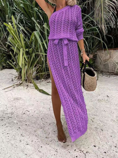 Explore More Collection - Slit Openwork Single Shoulder Knit Dress