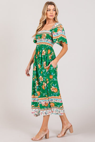 Explore More Collection - SAGE + FIG Printed Smocked Short Sleeve Midi Dress