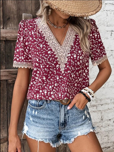 Explore More Collection - Full Size Printed V-Neck Short Sleeve Blouse