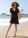 Explore More Collection - Openwork Plunge Short Sleeve Cover-Up Dress